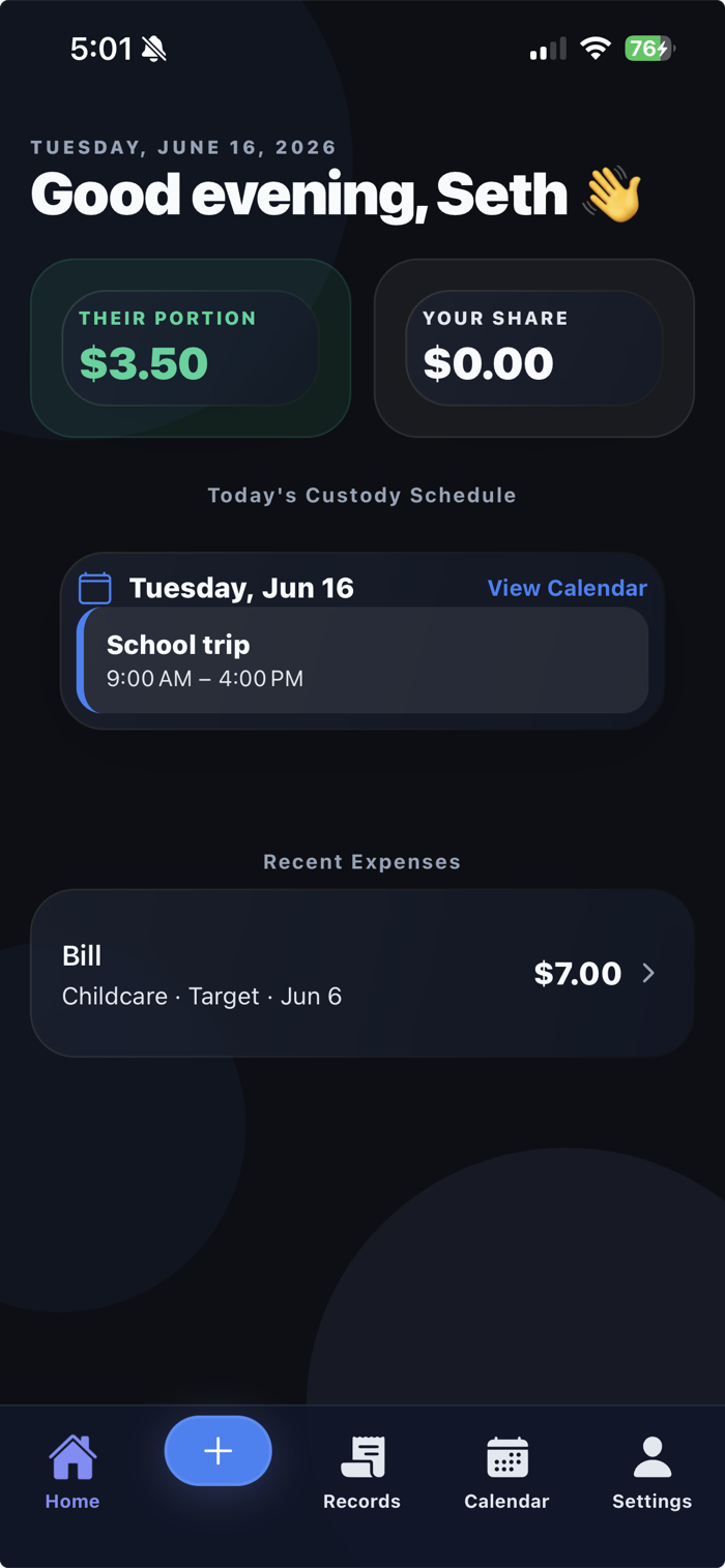 CoParent Connect home dashboard showing shares, custody schedule, and recent expenses